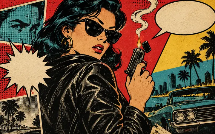 Bang: Pop-art, palm trees, a lighter.