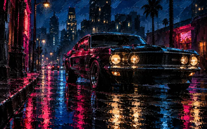 Black Muscle: Headlights on the wet boulevard.