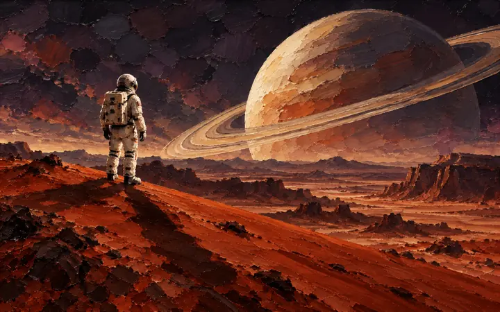 Far Shore: Red dust, ringed sky.