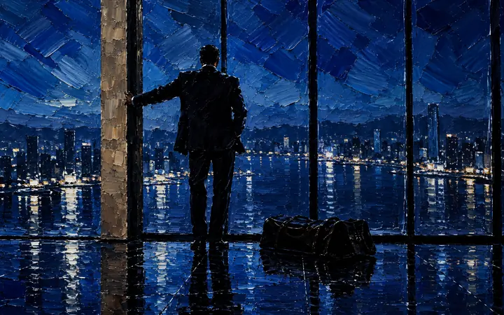 Man at Window: A skyline you are about to leave.