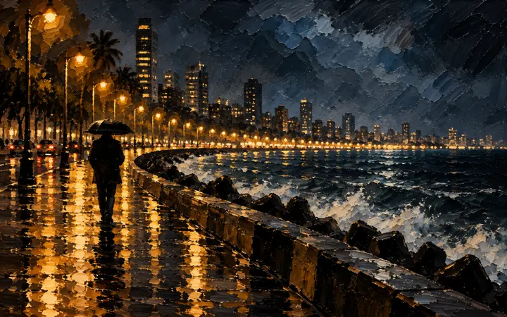 Marine Drive: The Queen's Necklace in the rain.