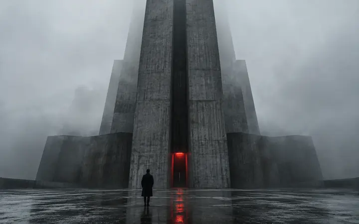Monolith: Concrete, fog, one red door.