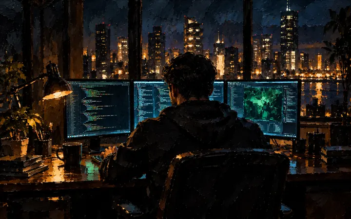 Night Shift: Three monitors and a harbour.