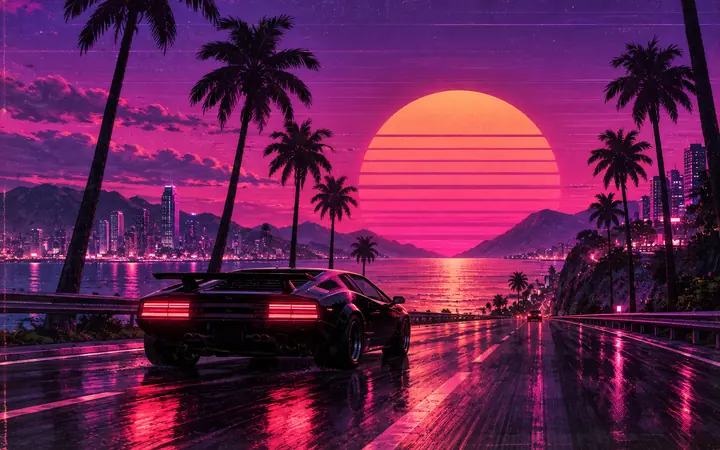 Outrun: Palm trees, sunset, redline.