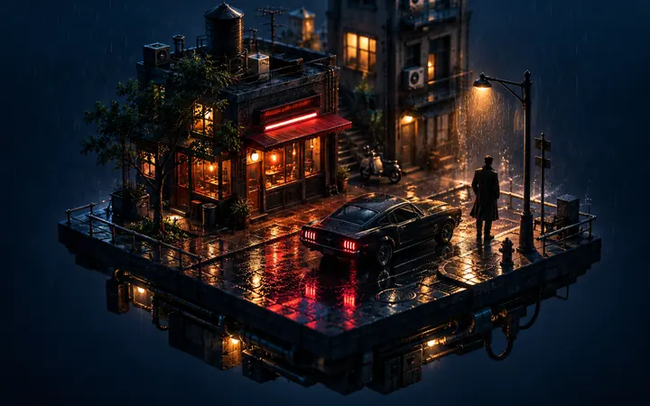 Pocket City: One rainy street corner, floating.