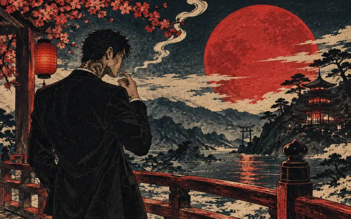 Red Sun: Woodblock print, cherry blossom, smoke.