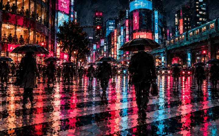Shibuya Rain: A hundred umbrellas, one crossing.